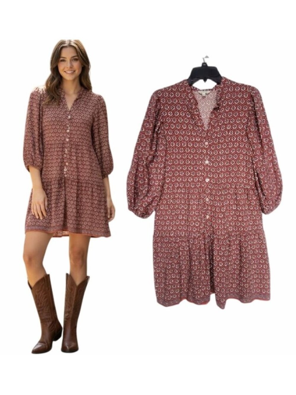 Max Studio Womens Red & White Boho Print Rayon Mini Dress With V-Neck & 3/4 Slee